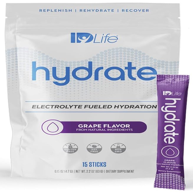 IDLife Grape Hydrate Drink Powder - Instant Electrolyte Fueled Hydration with Vitamins, MCTs & Minerals for Vital Nutrients - 15 Sticks per Bag