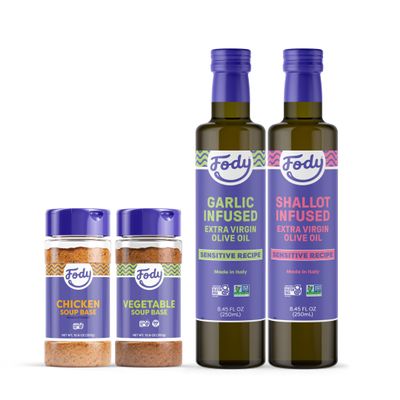 Fody Foods Cooking Bundle | Chicken & Vegetable Soup Base, Garlic & Shallot Infused Olive Oil | Low FODMAP | Gut & IBS Friendly No Onions | 10.6 Ounce, Pack of 2, 8.4 Fl Ounce, Pack of 2
