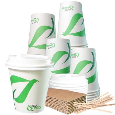 10 oz Compostable Paper Cups with White Dome Lids, Sleeves and Wooden Stirrers - Biodegradable Disposable White Paper Coffee Cups PLA Lined - Eco-friendly Hot and Cold Drinking Cups (150)