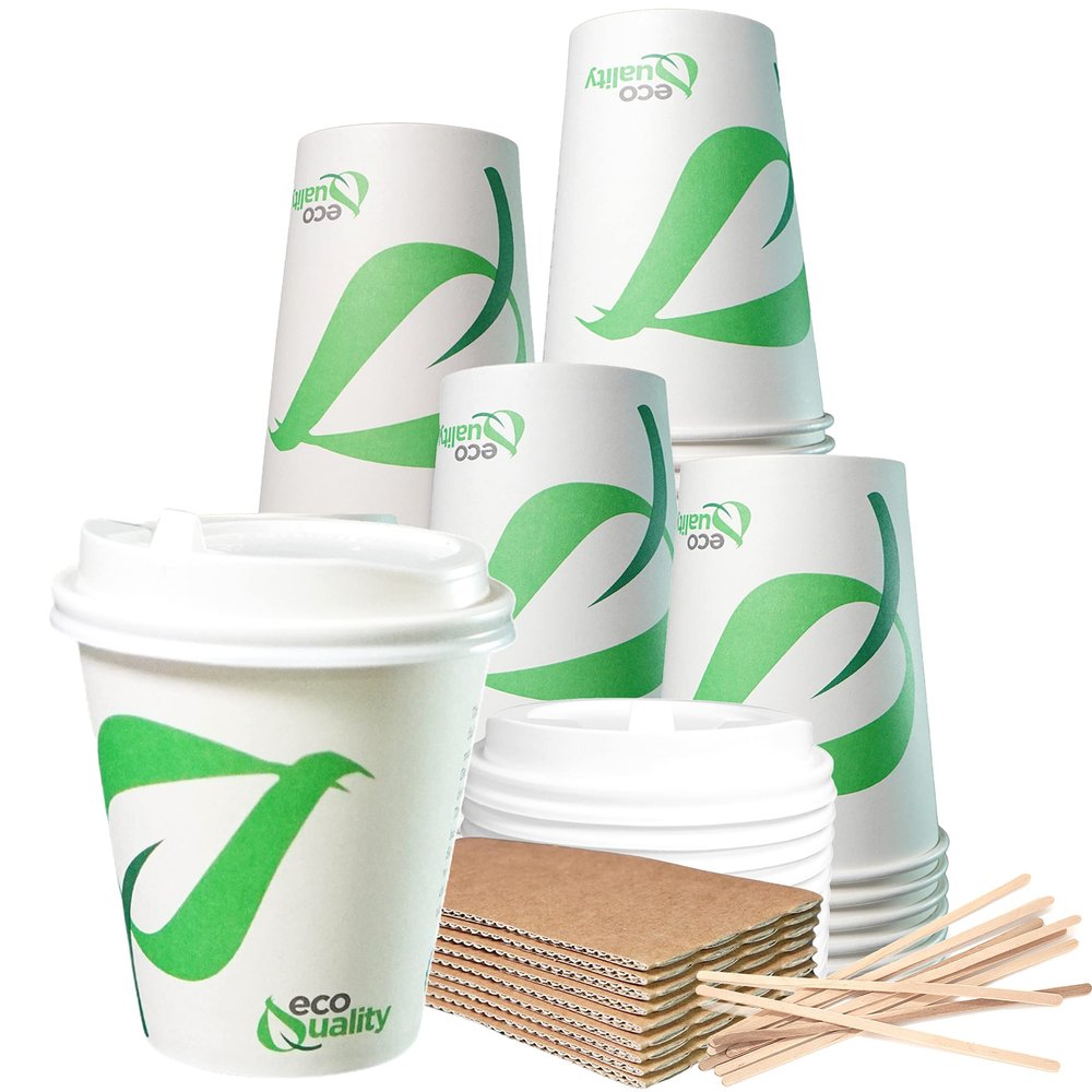 10 oz Compostable Paper Cups with White Dome Lids, Sleeves and Wooden Stirrers - Biodegradable Disposable White Paper Coffee Cups PLA Lined - Eco-friendly Hot and Cold Drinking Cups (150)