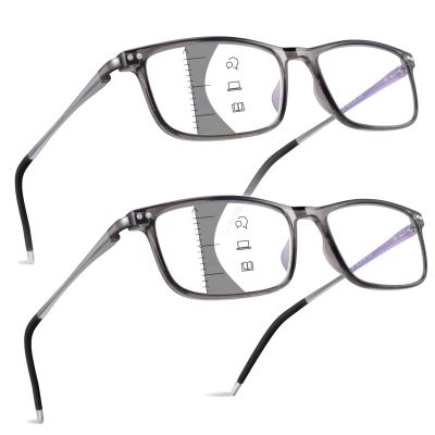 2 Pack Ultralight Progressive Multifocus Reading Glasses Men, Aluminum Arm TR90 Frame Blue Light Blocking Multifocal Computer Readers Spring Hinge No Line (Mid-Near Range approx 3ft) +2.5, Gray