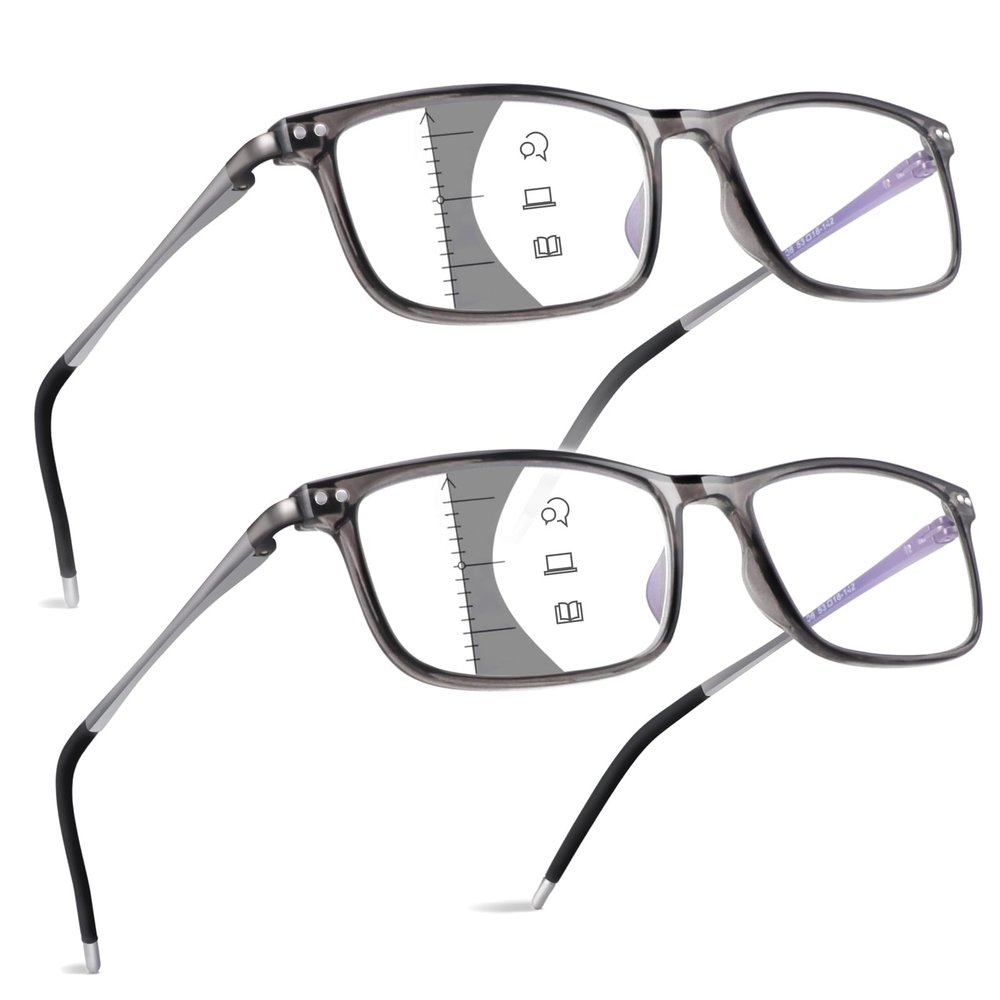 2 Pack Ultralight Progressive Multifocus Reading Glasses Men, Aluminum Arm TR90 Frame Blue Light Blocking Multifocal Computer Readers Spring Hinge No Line (Mid-Near Range approx 3ft) +2.5, Gray