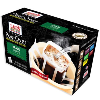 1 Pack - Lee's Coffee Pour Over Exclusive Fresh Ground Coffee Filter Packs Brazil Santos - 16 bag per Box - Product of USA