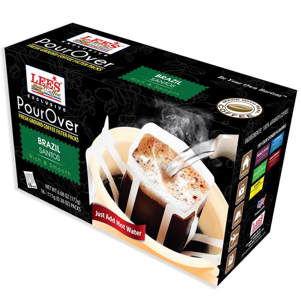 1 Pack - Lee's Coffee Pour Over Exclusive Fresh Ground Coffee Filter Packs Brazil Santos - 16 bag per Box - Product of USA