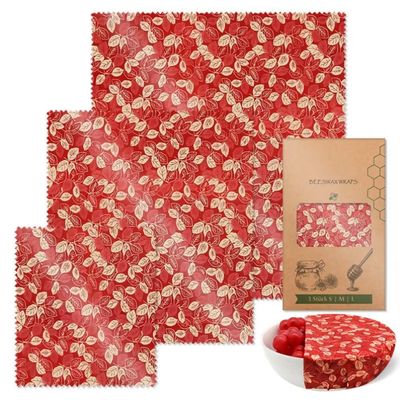 Beeswax Wraps Red Leaf 3 PCS Set Christmas Packaging for Food, Eco-Friendly Beeswax Food Wrap, Organic, Sustainable, Biodegradable