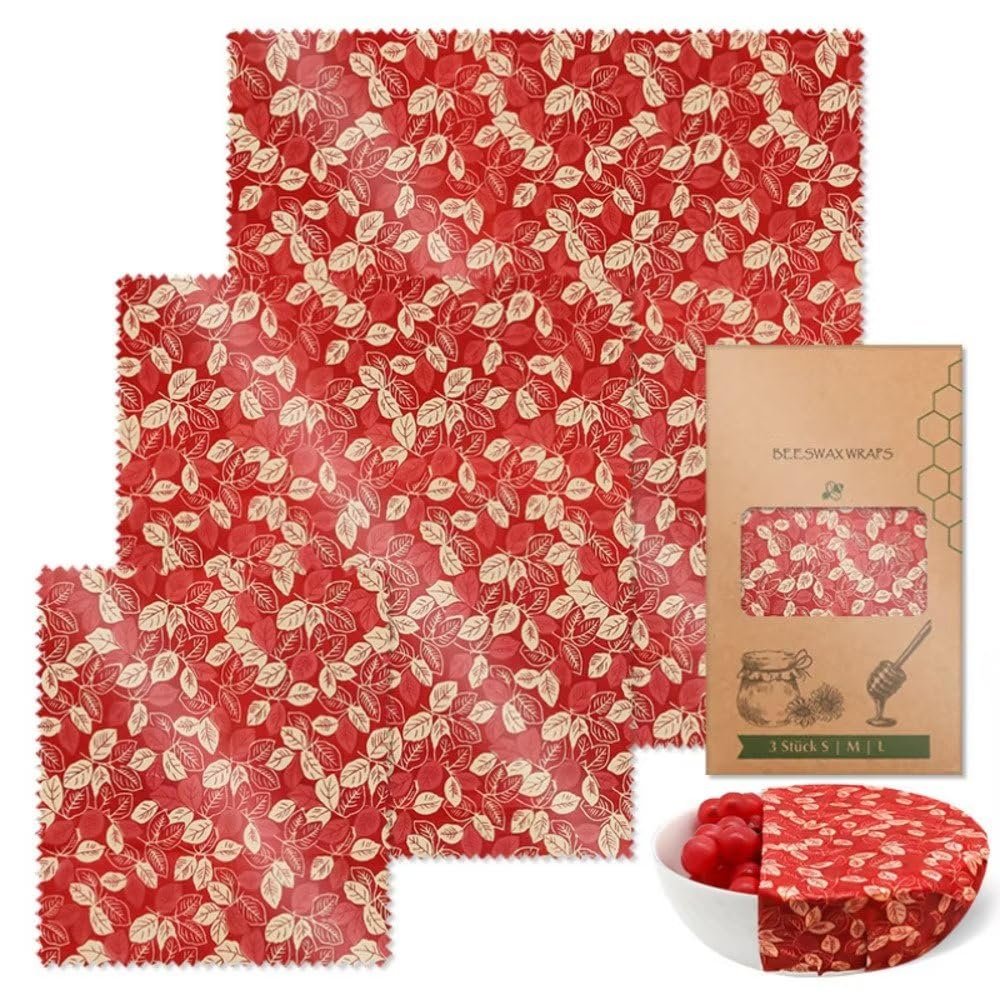 Beeswax Wraps Red Leaf 3 PCS Set Christmas Packaging for Food, Eco-Friendly Beeswax Food Wrap, Organic, Sustainable, Biodegradable