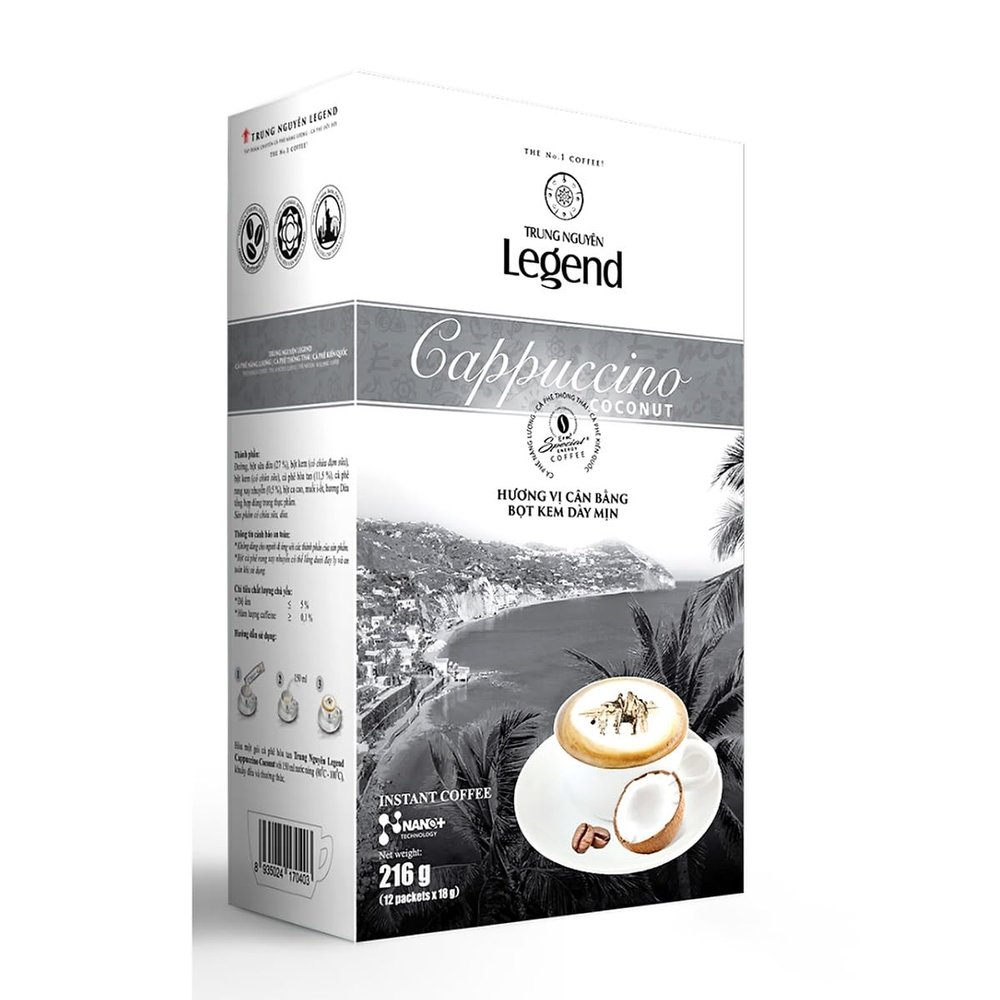 1 Pack - Instant Coffee Cappuccino Coconut Flavor - Cappuccino Hoa Tan Huong Vi Coconut - 12 Bags per Box - Product of Vietnam