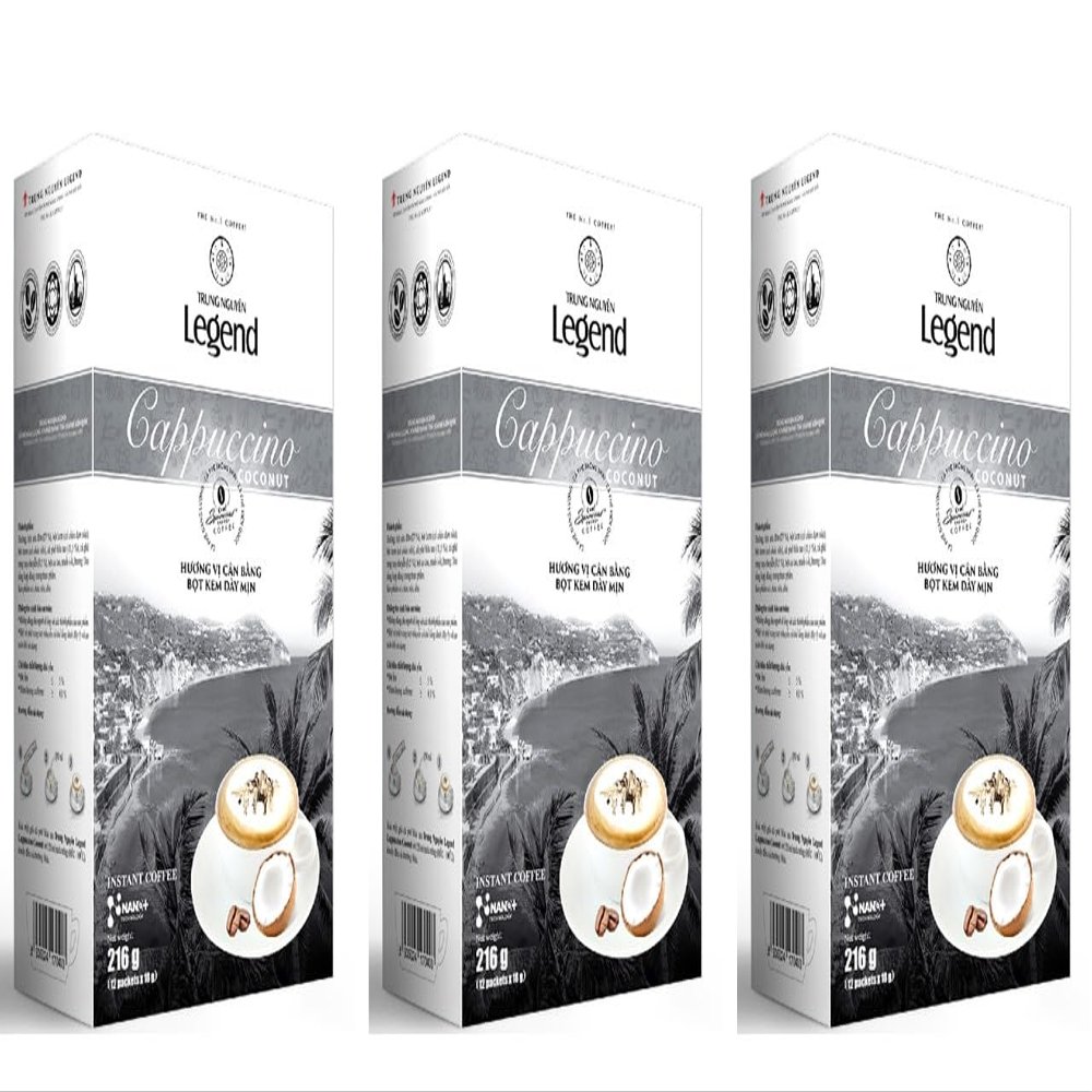 3 Packs - Instant Coffee Cappuccino Coconut Flavor - Cappuccino Hoa Tan Huong Vi Coconut - 12 Bags per Box with 3 Boxes per Order - Product of Vietnam