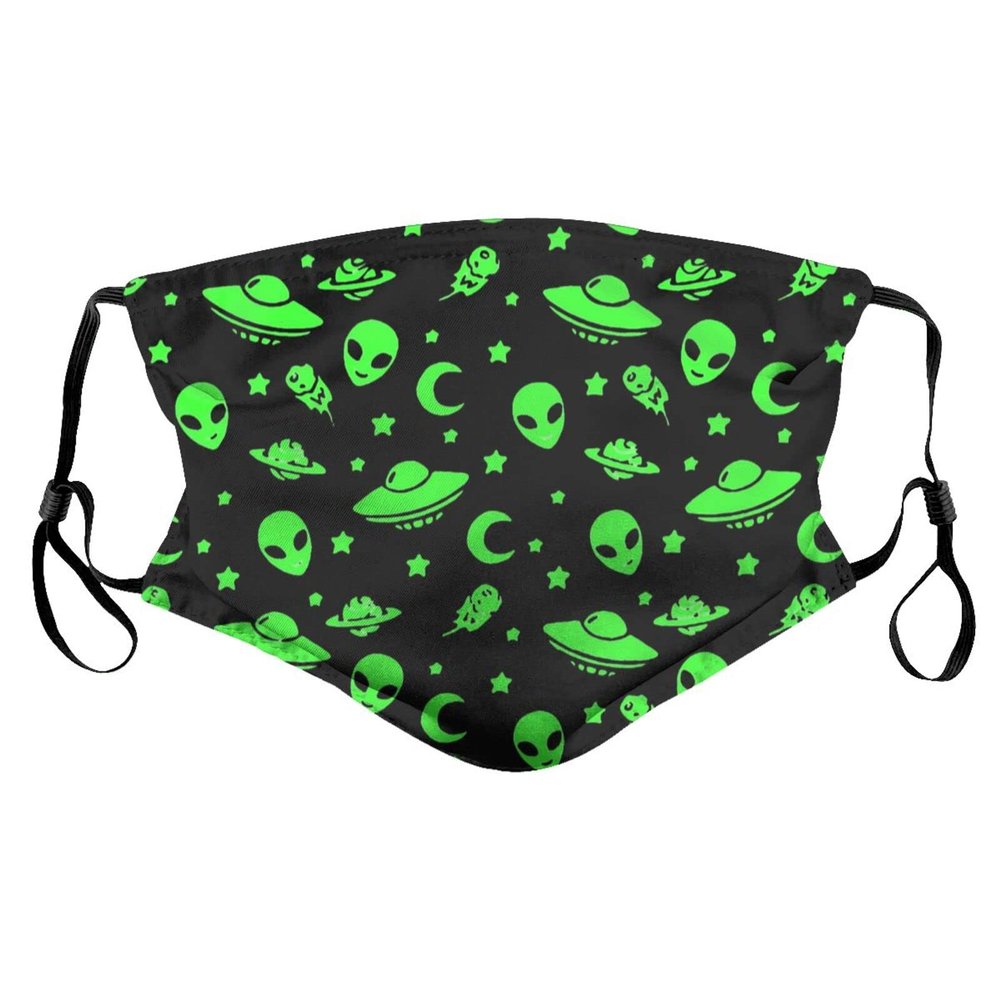 Reusable Cloth Face Masks with 2 Filters Alien-Funny-Spaceships-Planet Washable Face Covering Small Black