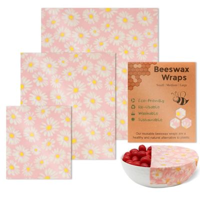 Pink Chrysanthemum Beeswax Fresh-Keeping Cloth for Food, Set Of 3 Organic Wax Wraps for Food Reusable Cut Beeswax Food Wraps