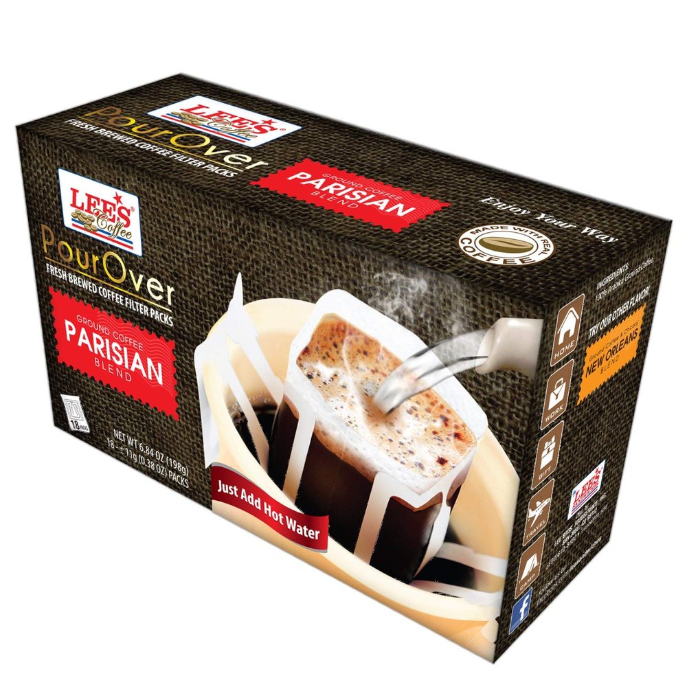 1 Pack - Lee's Coffee Pourover Fresh Ground Parisian Filter Packs - 18 Bags per Box