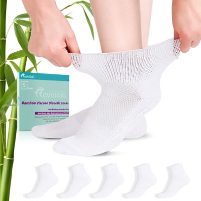Revosoxs Diabetic Socks for Women Men,5 Pairs Non Binding Diabetic Ankle Socks with Grips,Extra Width Stretchy Loose Seamless Socks 7-9 9-11(5 Pair White-Medium)