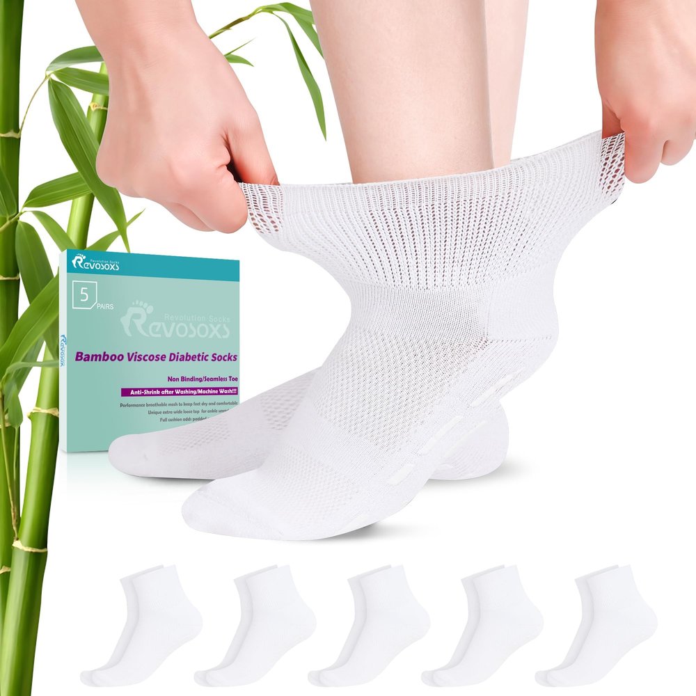 Revosoxs Diabetic Socks for Women Men,5 Pairs Non Binding Diabetic Ankle Socks with Grips,Extra Width Stretchy Loose Seamless Socks 7-9 9-11(5 Pair White-Medium)