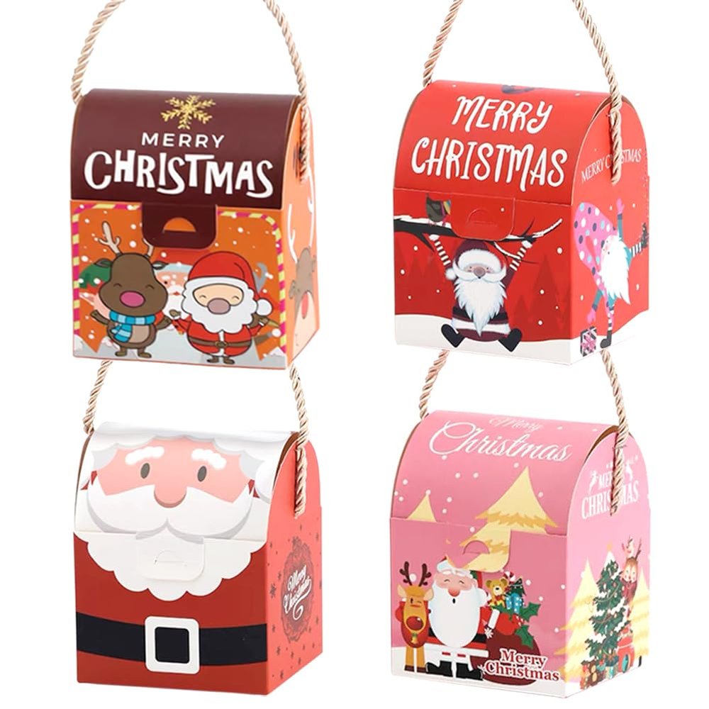 12pcs Christmas Gift Boxes Christmas Candy Boxes Santa Cookie Boxes Treat Boxes with Handles for Xmas Party Favors Supplies