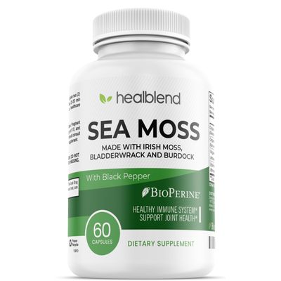 Organic Sea Moss, Bladderwrack, Burdock, & BioPerine - 1405mg with Black Pepper - Natural Wellness and Detox Support Supplement - 60 Capsules