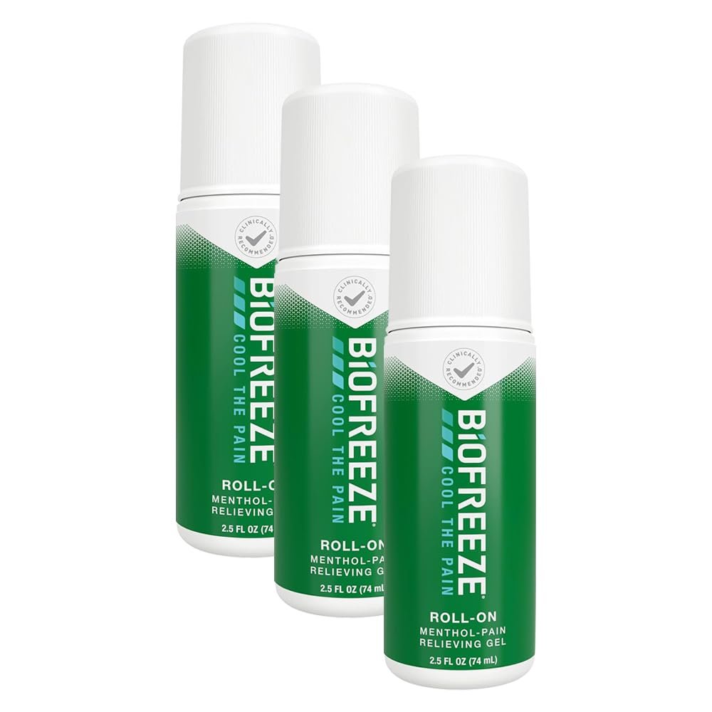 Biofreeze 13451 Roll-On Pain-Relieving Gel, 2.5 FL oz, Green Topical, Arthritis, Strains, Bruises, & Sprains (7.5 Fl Oz (Pack of 3), 3, Count)