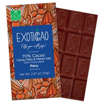 EXOTICCAO 4 Pack Cacao Nibs & Maras Salt Dark Chocolate Bars - Monk Fruit Sweetened Delight | Vegan, Non-GMO | 70% Cacao | 2.47 oz Each (4)