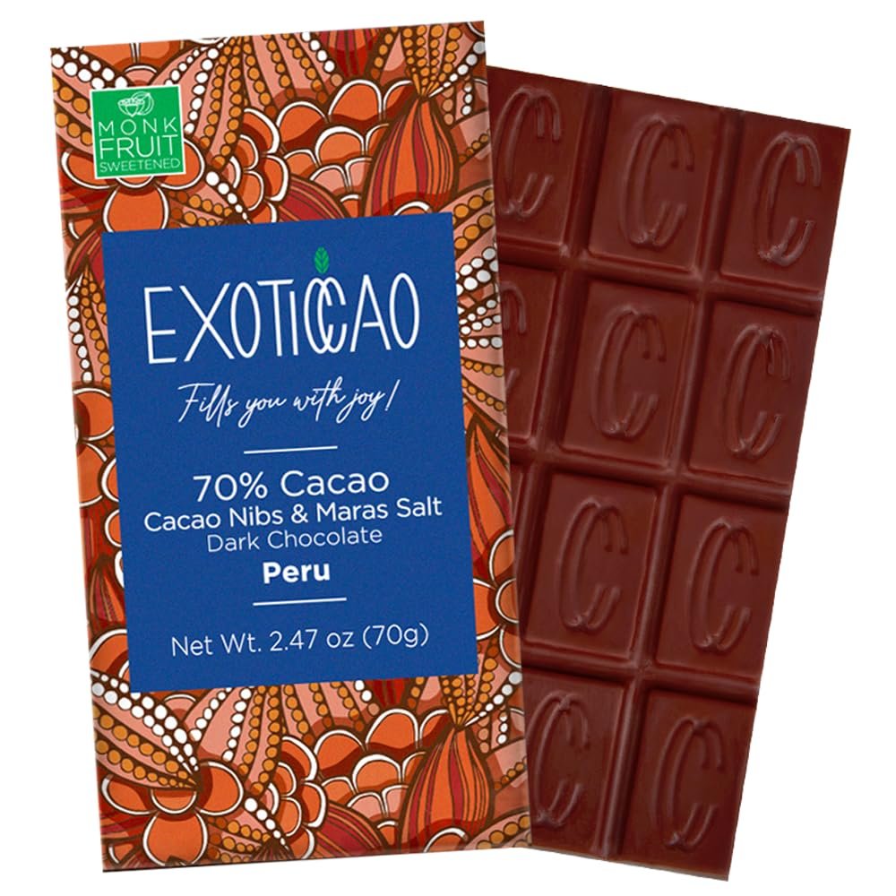 EXOTICCAO 4 Pack Cacao Nibs & Maras Salt Dark Chocolate Bars - Monk Fruit Sweetened Delight | Vegan, Non-GMO | 70% Cacao | 2.47 oz Each (4)