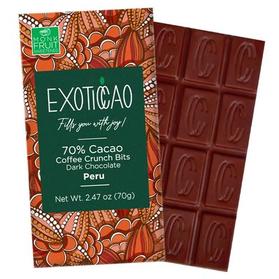 EXOTICCAO 4 Pack Coffee Crunch Bits Dark Chocolate Bars - Monk Fruit Sweetened Perfection | Vegan, Non-GMO | 70% Cacao | 2.47 oz Each (4)