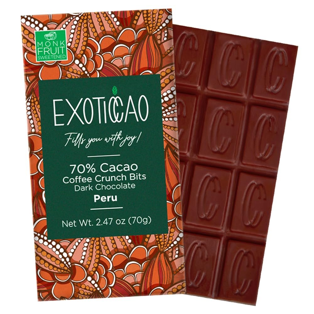 EXOTICCAO 4 Pack Coffee Crunch Bits Dark Chocolate Bars - Monk Fruit Sweetened Perfection | Vegan, Non-GMO | 70% Cacao | 2.47 oz Each (4)