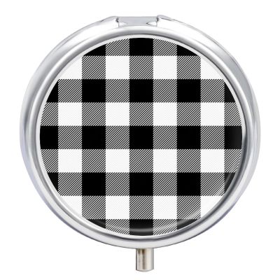 White Black Buffalo Plaid Small Pill Box, Metal Pill Box Organizer with Lock, Mini Medicine Box Portable, Daily Vitamin Box Am Pm, Single Pill Storage Box Tiny for Travel, Purse, Pocket