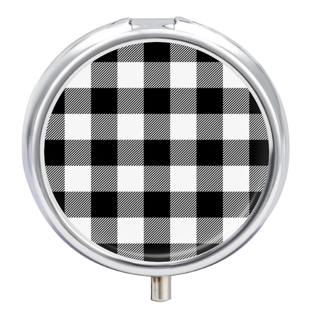 White Black Buffalo Plaid Small Pill Box, Metal Pill Box Organizer with Lock, Mini Medicine Box Portable, Daily Vitamin Box Am Pm, Single Pill Storage Box Tiny for Travel, Purse, Pocket