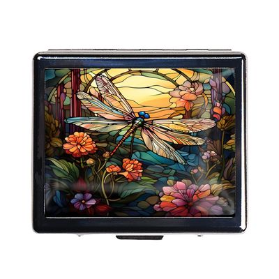 7 Days Chromed Shiny Silver Pill Organizer with Mirror Inside Has 8 Separate Compartments Rectangle 7 Days Pill Box Pill Case (Dragonfly Stained Glass)