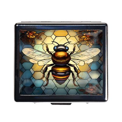 7 Days Chromed Shiny Silver Pill Organizer with Mirror Inside Has 8 Separate Compartments Rectangle 7 Days Pill Box Pill Case (Bee Stained Glass)