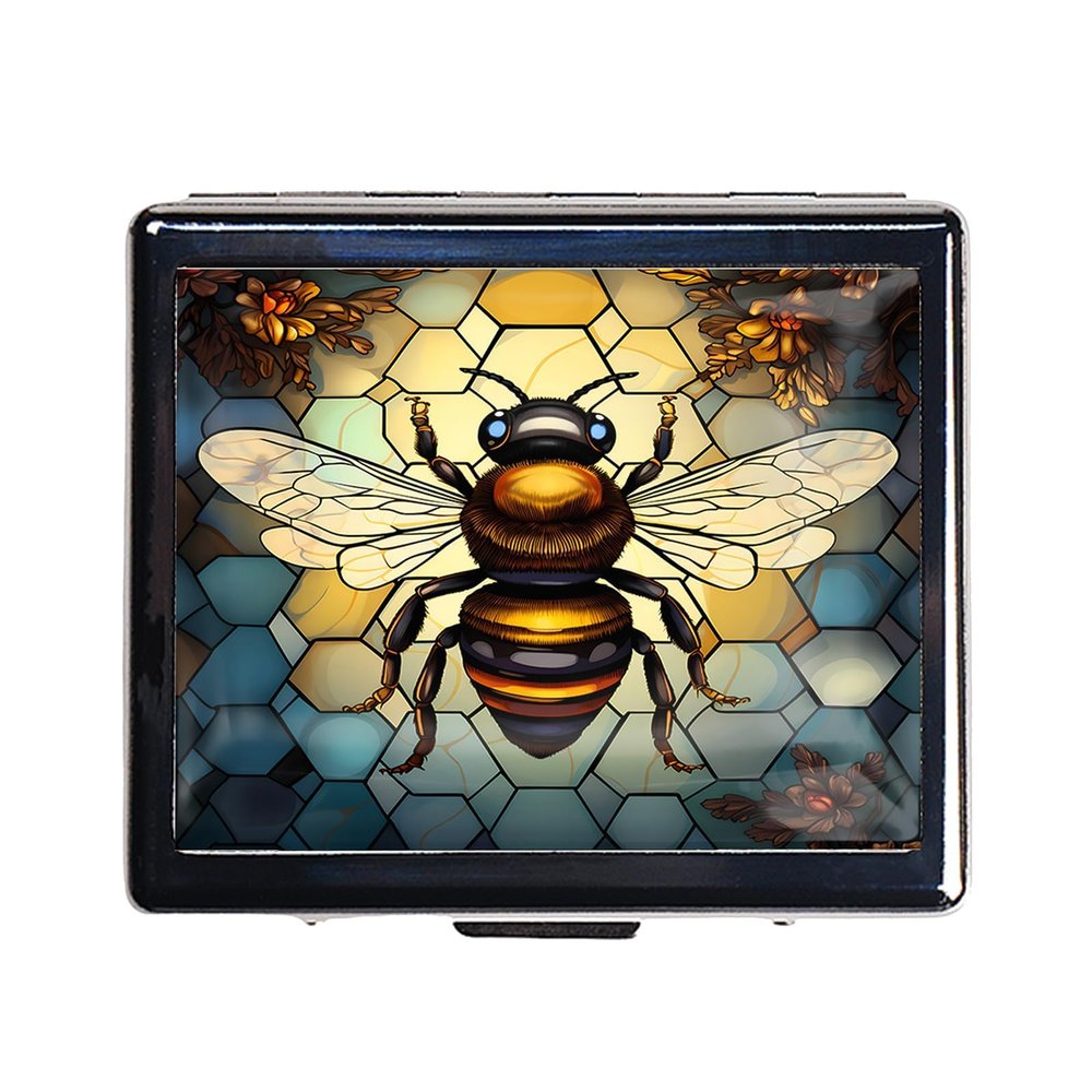 7 Days Chromed Shiny Silver Pill Organizer with Mirror Inside Has 8 Separate Compartments Rectangle 7 Days Pill Box Pill Case (Bee Stained Glass)