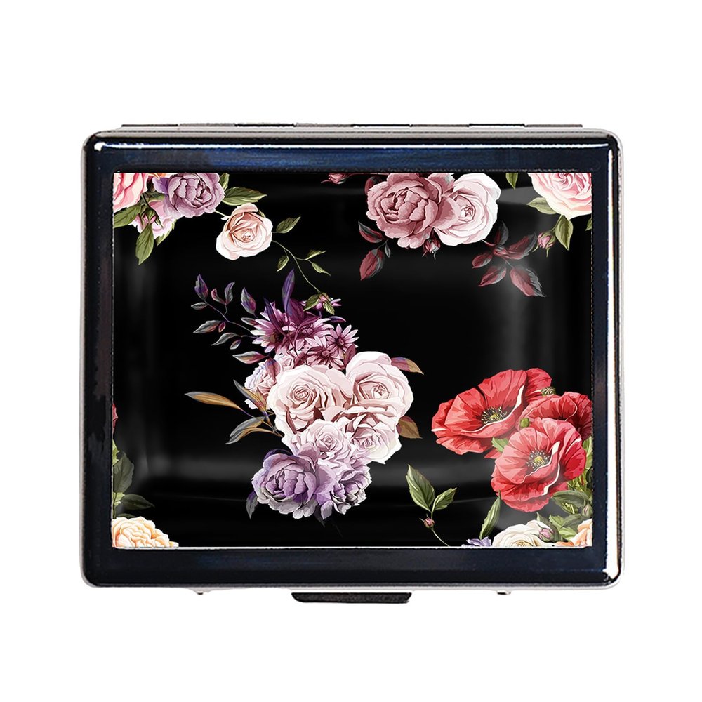 7 Days Chromed Shiny Silver Pill Organizer with Mirror Inside Has 8 Separate Compartments Rectangle 7 Days Pill Box Pill Case (Poppy and Roses)