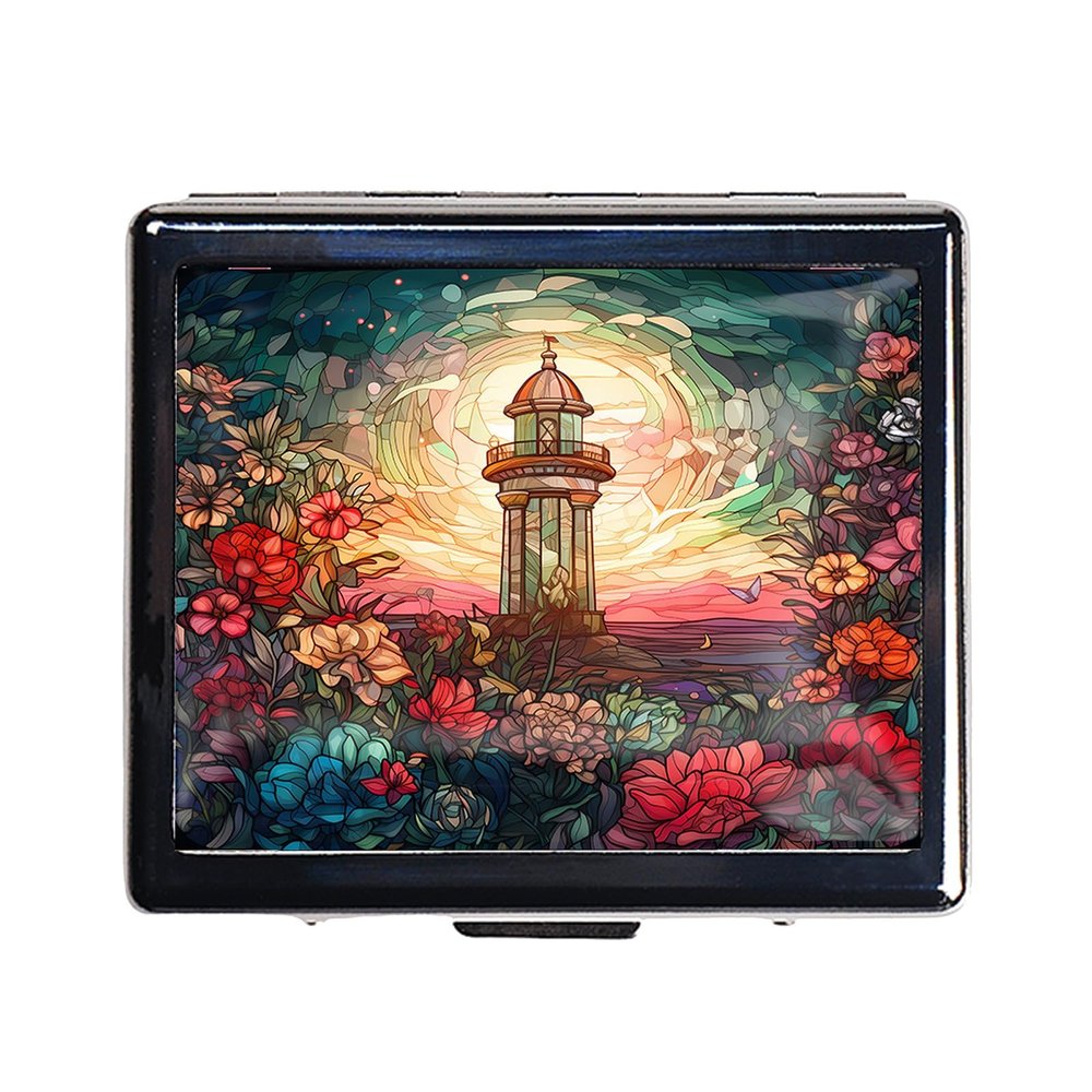 7 Days Chromed Shiny Silver Pill Organizer with Mirror Inside Has 8 Separate Compartments Rectangle 7 Days Pill Box Pill Case (Lighthouse Stained Glass)