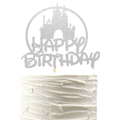 Arthsdite Castle Birthday Cake Topper, Castle Theme Birthday Party Decoration, Princess Prince Happy Birthday Cake Decoration - Silver Glitter