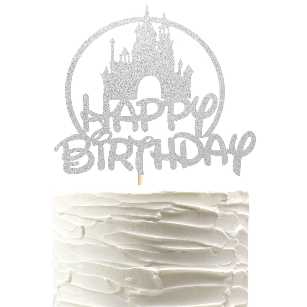 Arthsdite Castle Birthday Cake Topper, Castle Theme Birthday Party Decoration, Princess Prince Happy Birthday Cake Decoration - Silver Glitter