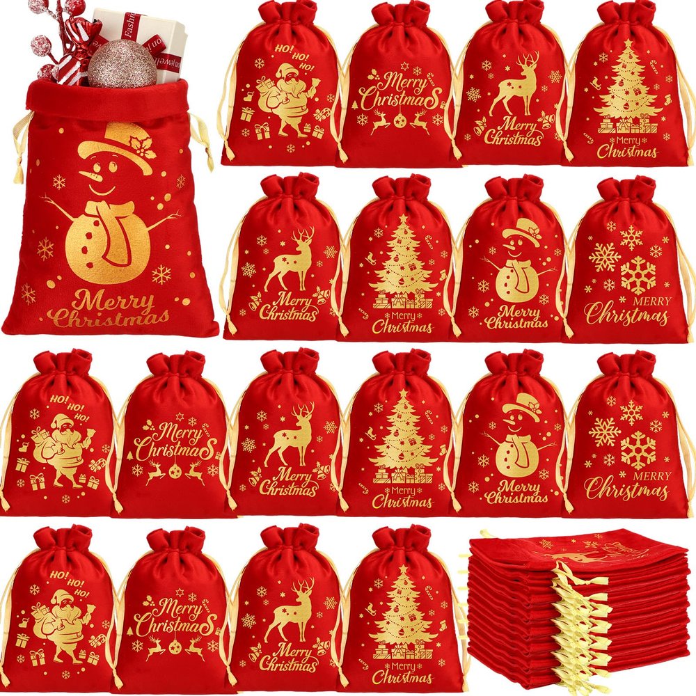 Wesnoy 50 Pcs Christmas Velvet Drawstring Bags Bulk Santa Gift Bags for Candy Wrapping Goodie with Ribbon Drawstring for Xmas Holiday Party Supplies, 6 Styles(5 x 7 Inch,Red)