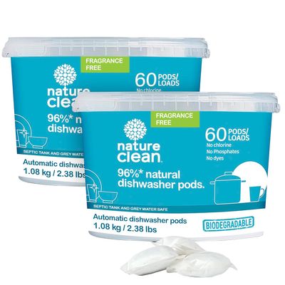 Nature Clean Non Toxic Dishwasher Detergent Pods, Plant-Based Dishwashing Pods, Non-Toxic & Unscented Dish Pods, Tough on Grease, Eco-Friendly Cleaning Power, 60 Count, Pack of 2