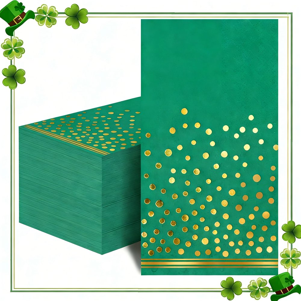 100 Pcs Green Paper Napkins - Gold Dot Party Napkins Disposable Green Dinner Napkins for Birthday Bathroom Wedding St. Patrick's Day Party Supplies