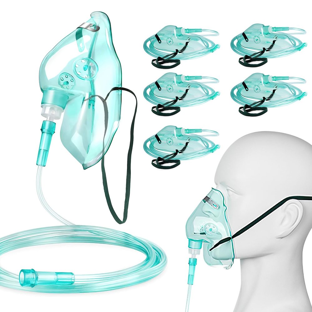 Agooteam 5 Pack Adult Oxygen Face Mask with 7 Ft Tube, Adjustable Elastic Strap - Size L