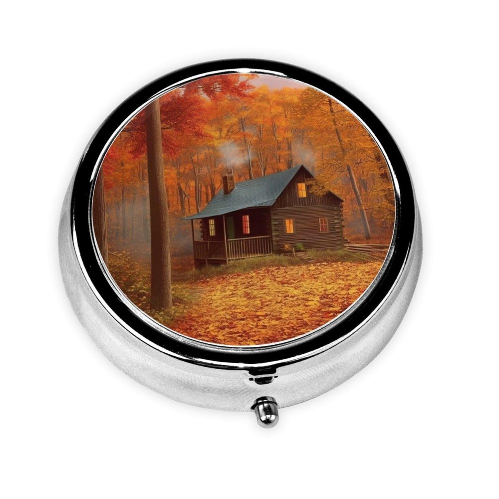 Autumn Woods Cabin Print Round Pill Box 3 Compartment Medicine Pill Case Portable Pill Container for Daily Medicine Supplement Vitamin