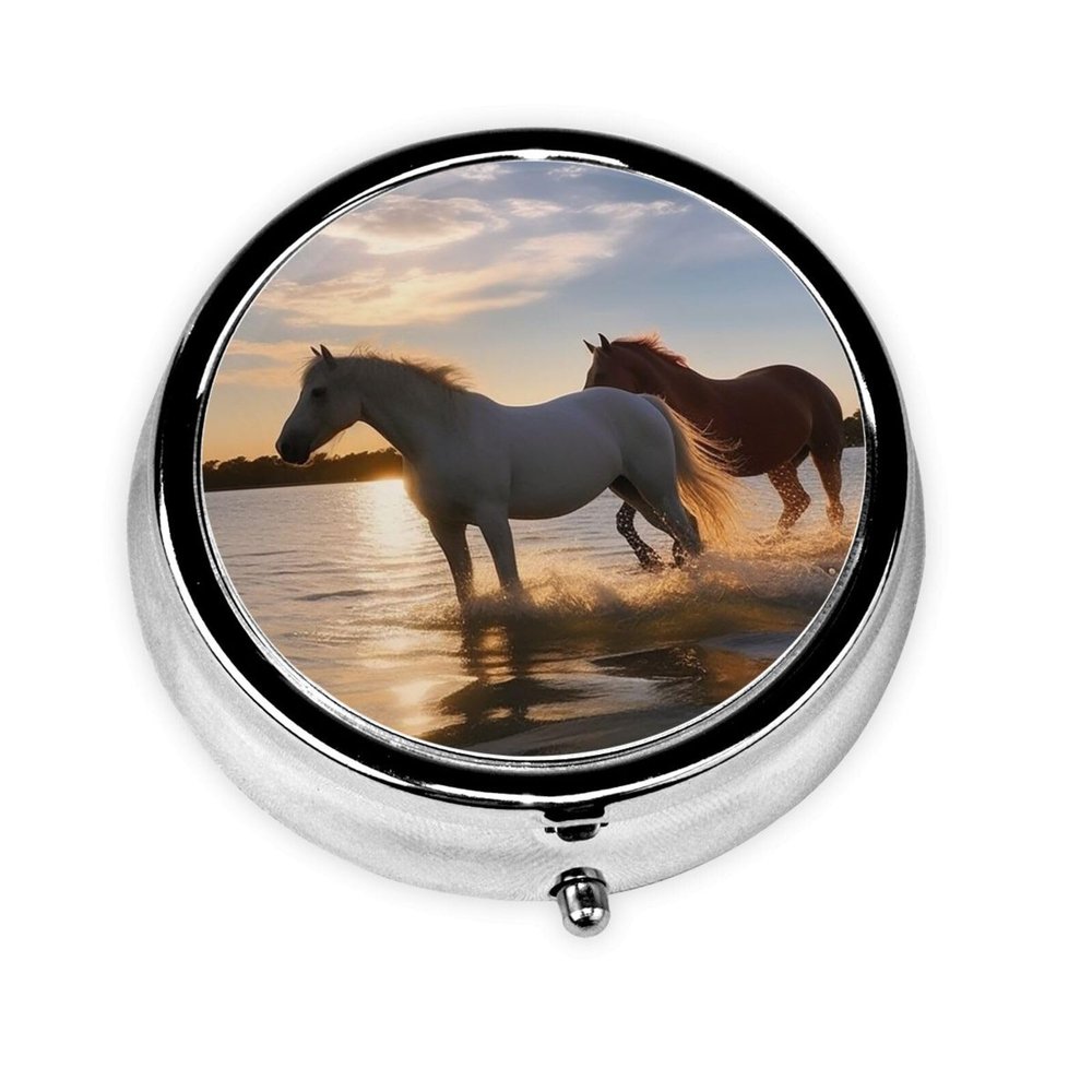 Sunsets Lake Horses Print Round Pill Box 3 Compartment Medicine Pill Case Portable Pill Container for Daily Medicine Supplement Vitamin