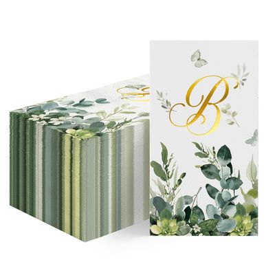 Horaldaily 100 Spring Disposable Paper Decorative Guest Napkins, Watercolor Eucalyptus Monogram Gold Foil Letter B for Party Bathroom Wedding Birthday Baby Shower