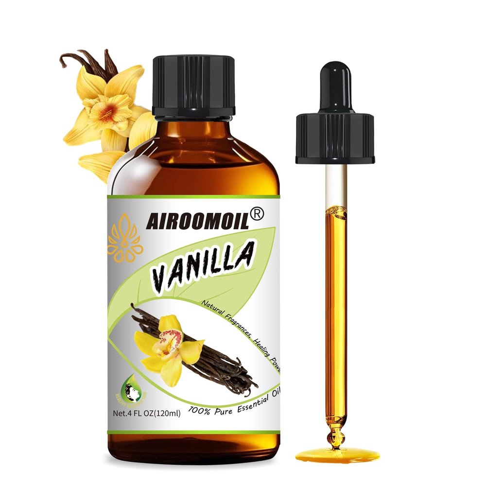 Airoomoil Vanilla Essential Oil for Diffuser & DIY, 100% Pure Natural Vanilla Oil, Warm Soft Scent, Large 4 fl oz for Candle Making, Soap, Perfume, Room Aroma, Adjustable Intensity, Glass Dropper