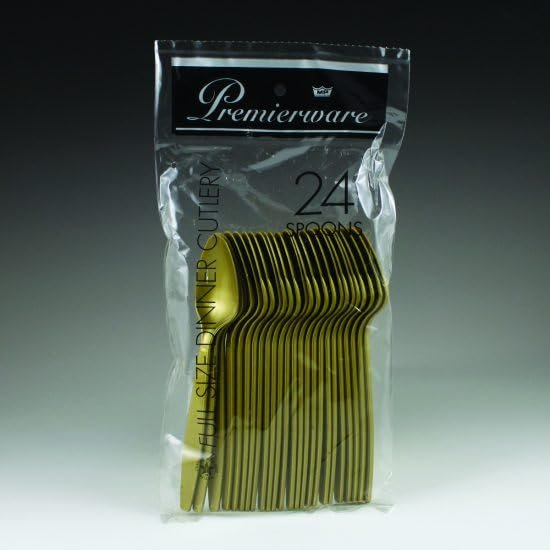 Premierware Disposable Gold Plastic Spoons (Pack of 24) Elegant & Heavy-Duty For Effortless Dining
