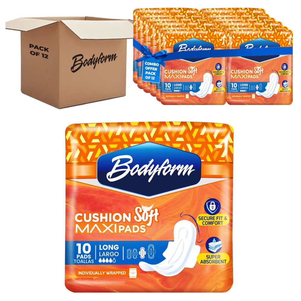 Bodyform Maxi - Value Sanitary Napkins, Cushion Soft Always Comfortable and Ultra-Absorbent (Long, 120 Count (12 Packs of 10 Counts))