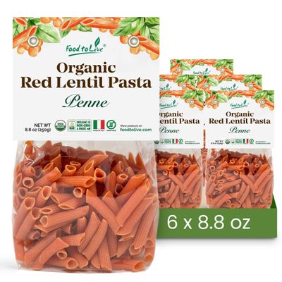 Food to Live Organic Red Lentil Penne Pasta, 8.8 OZ (Pack of 6)  Non-GMO, Single Ingredient. No Additives. No Major Allergens. Good Source of Plant Based Protein and Fiber. Made in Italy