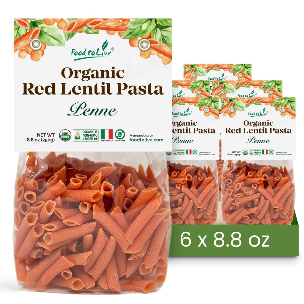 Food to Live Organic Red Lentil Penne Pasta, 8.8 OZ (Pack of 6)  Non-GMO, Single Ingredient. No Additives. No Major Allergens. Good Source of Plant Based Protein and Fiber. Made in Italy