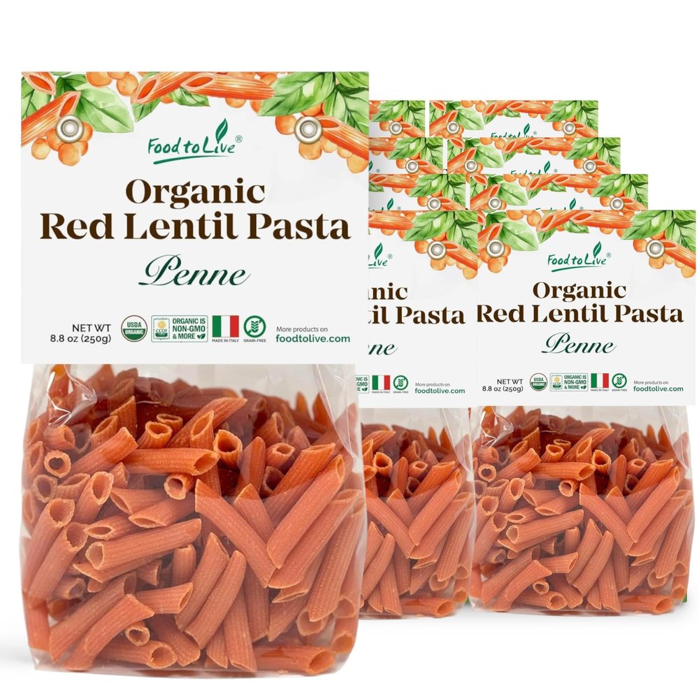 Food to Live Organic Red Lentil Penne Pasta, 8.8 OZ (Pack of 14) Non-GMO, Single Ingredient. No Additives. No Major Allergens. Good Source of Plant Based Protein and Fiber. Made in Italy