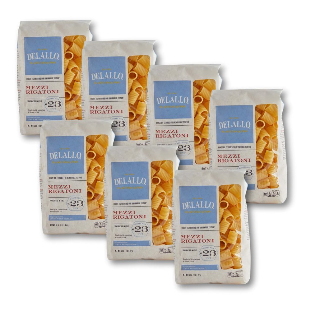 DeLallo Mezzi Rigatoni Pasta, 1 Pound Bag, Made with Only 100% Durum Wheat Semolina Flour, Made in Italy, Bronze Cut, Non-GMO, Kosher, Vegan, (7 Pack)