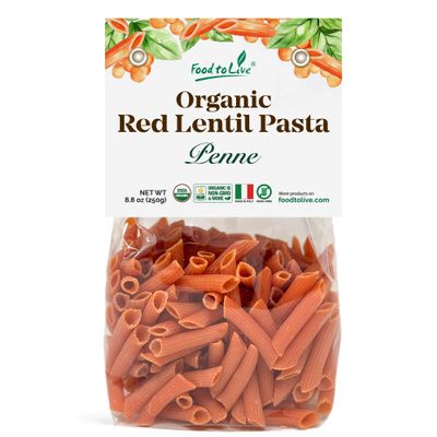 Food to Live Organic Red Lentil Penne Pasta, 8.8 OZ (Pack of 1)  Non-GMO, Single Ingredient. No Additives. No Major Allergens. Good Source of Plant Based Protein and Fiber. Made in Italy