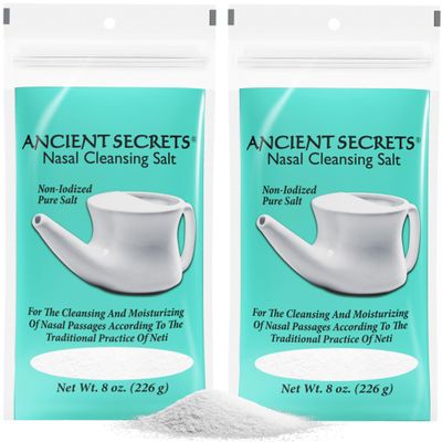 ANCIENT SECRETS Pure Cleansing Salt, Non-Iodized, 2-Pack  for Use with Ceramic or Travel Neti Pot, 8 Oz Ea