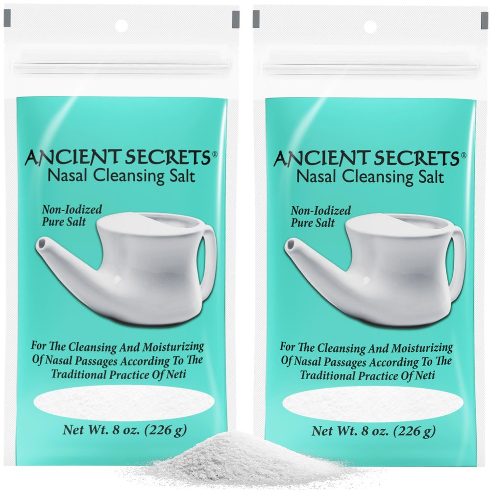 ANCIENT SECRETS Pure Cleansing Salt, Non-Iodized, 2-Pack  for Use with Ceramic or Travel Neti Pot, 8 Oz Ea